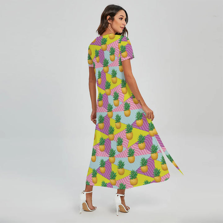 Zigzag Pineapple Pattern Print Short Sleeve Maxi Dress