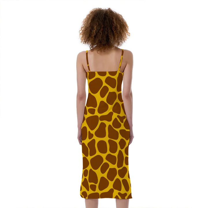 Yellow Brown Giraffe Pattern Print Slim Fit Midi Cami Dress