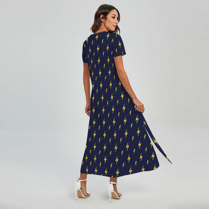 Yellow Lightning Bolts Pattern Print Short Sleeve Maxi Dress
