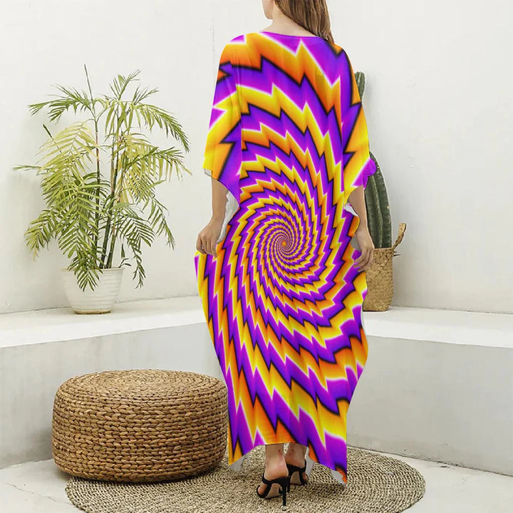 Yellow Twisted Moving Optical Illusion Silk V-Neck Kaftan Dress