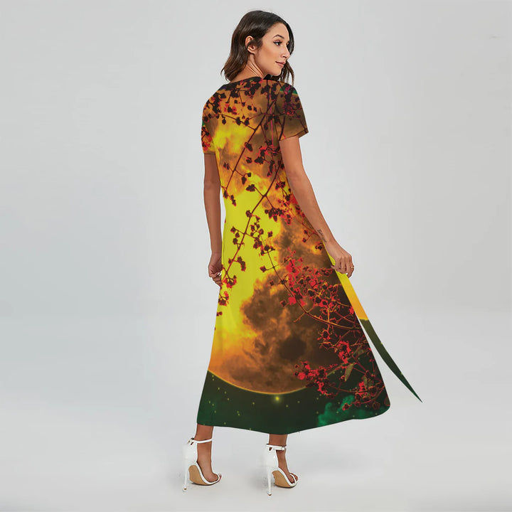 Yellow Full Moon Print Short Sleeve Maxi Dress