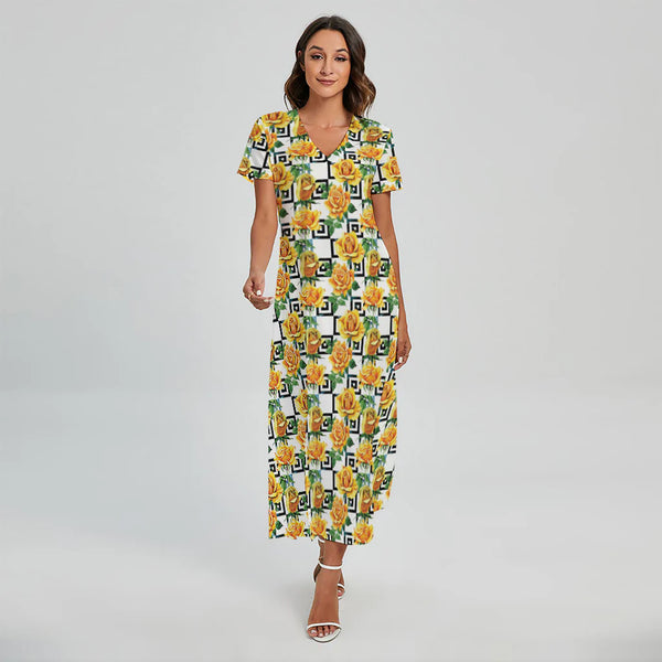 Yellow Watercolor Rose Print Short Sleeve Maxi Dress