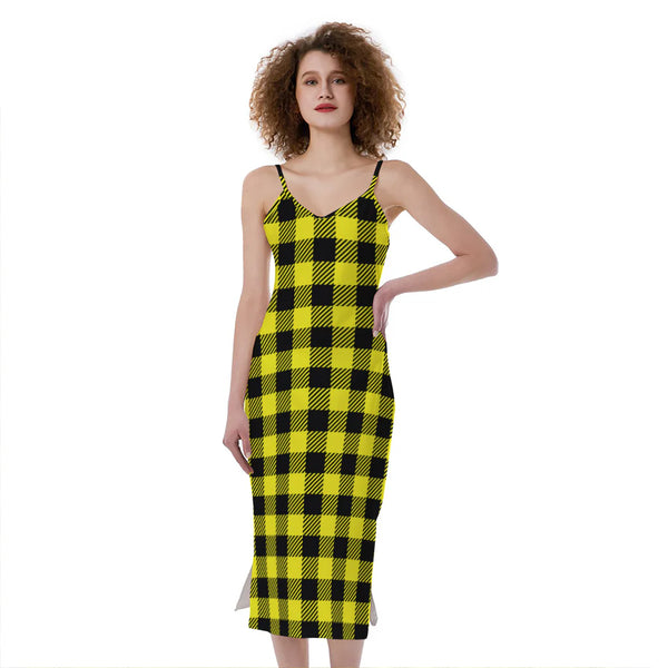 Yellow Buffalo Plaid Print Slim Fit Midi Cami Dress