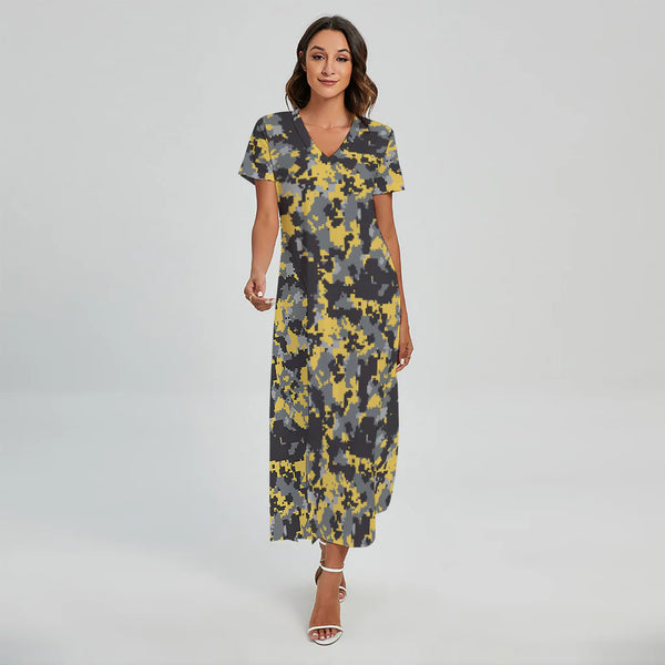 Yellow Black And Grey Digital Camo Print Short Sleeve Maxi Dress