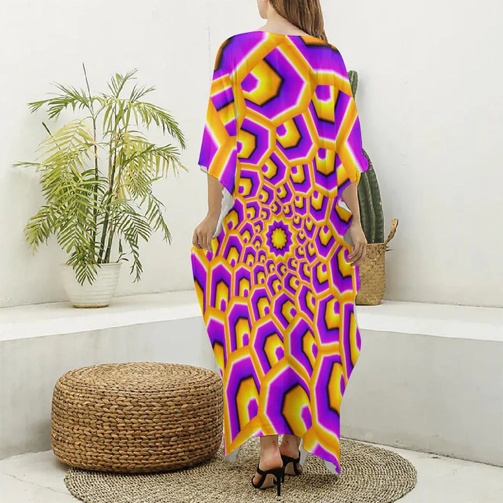 Yellow Hive Moving Optical Illusion Silk V-Neck Kaftan Dress
