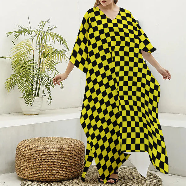 Yellow And Black Checkered Pattern Print Silk V-Neck Kaftan Dress