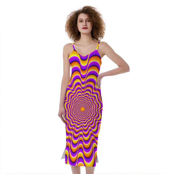 Yellow Splashing Moving Optical Illusion Slim Fit Midi Cami Dress