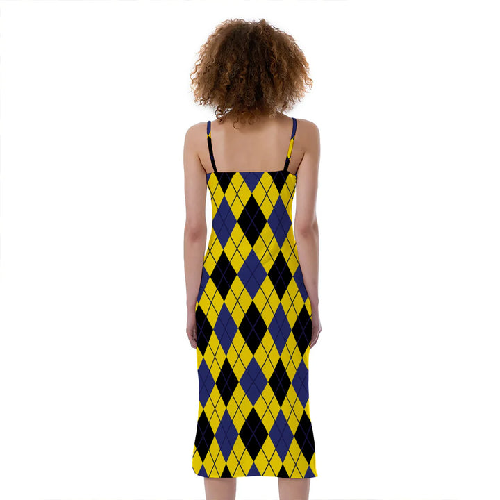Yellow Blue And Black Argyle Print Slim Fit Midi Cami Dress
