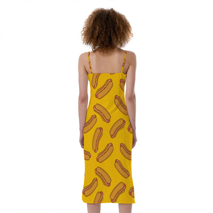 Yellow Hot Dog Pattern Print Slim Fit Midi Cami Dress