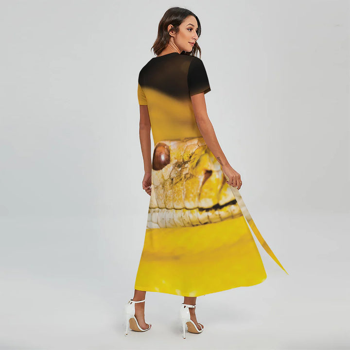 Yellow Python Snake Print Short Sleeve Maxi Dress