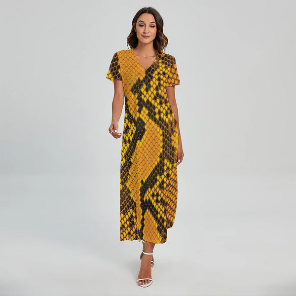 Yellow And Black Snakeskin Print Short Sleeve Maxi Dress