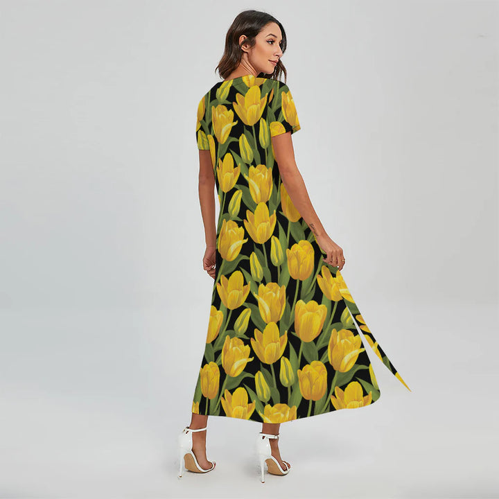 Yellow Tulip Pattern Print Short Sleeve Maxi Dress