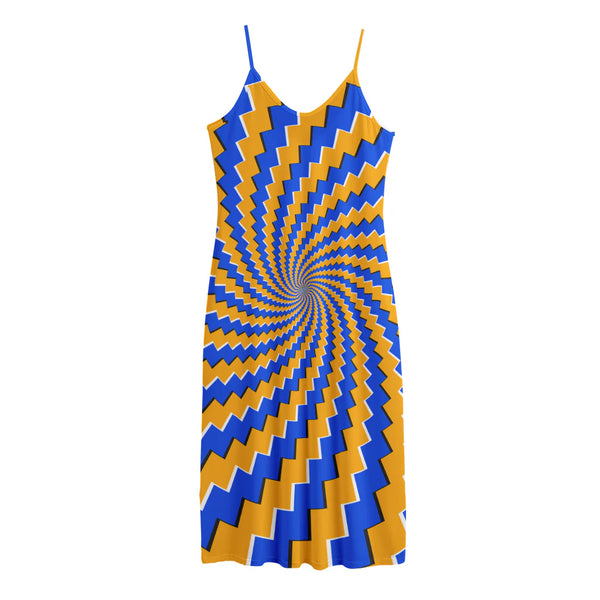 Yellow Spiral Moving Optical Illusion Jersey Midi Cami Dress