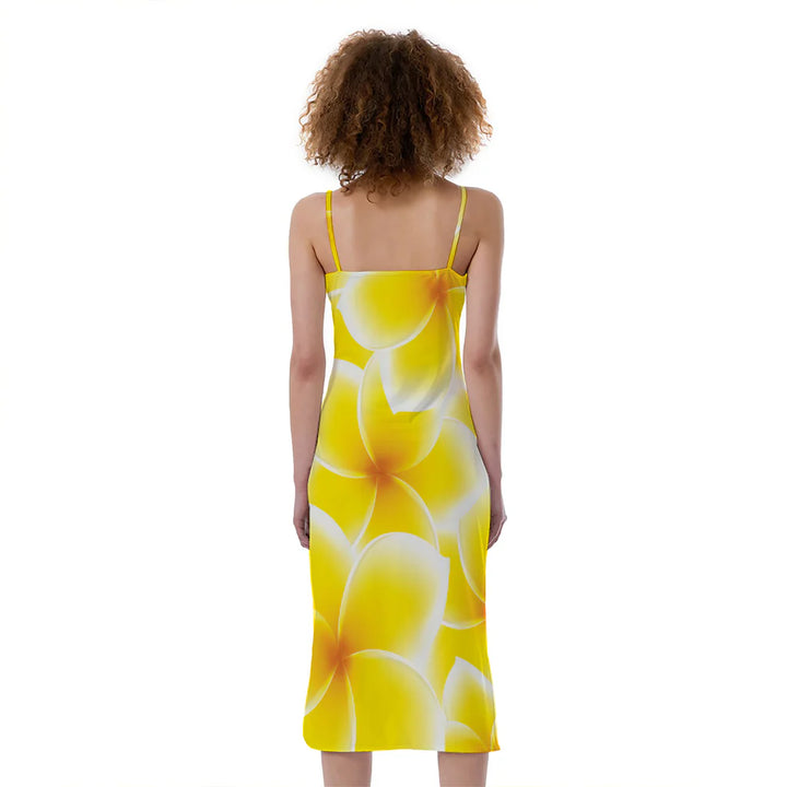 Yellow Frangipani Pattern Print Slim Fit Midi Cami Dress