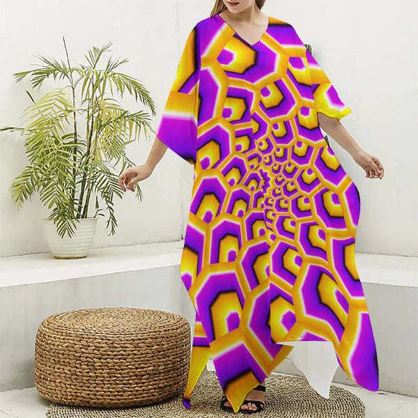 Yellow Hive Moving Optical Illusion Silk V-Neck Kaftan Dress