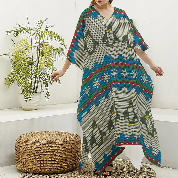 Xmas Penguin Pattern Print Silk V-Neck Kaftan Dress