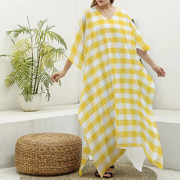 Yellow And White Gingham Pattern Print Silk V-Neck Kaftan Dress