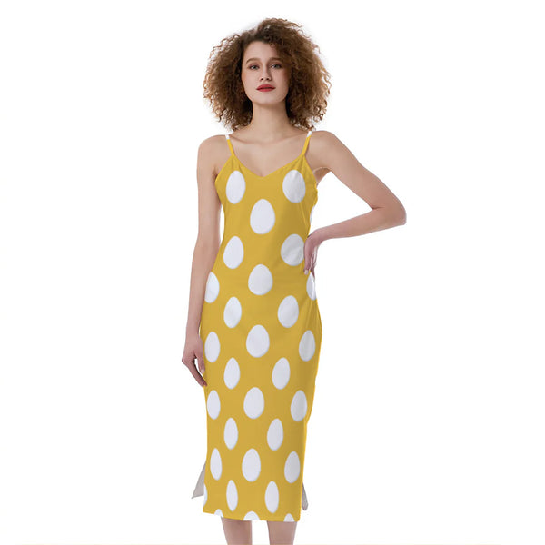 Yellow Eggs Pattern Print Slim Fit Midi Cami Dress