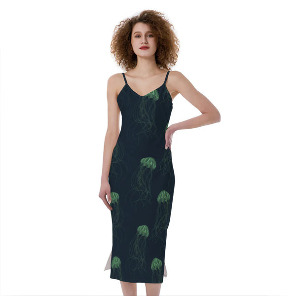Zentangle Jellyfish Pattern Print Slim Fit Midi Cami Dress