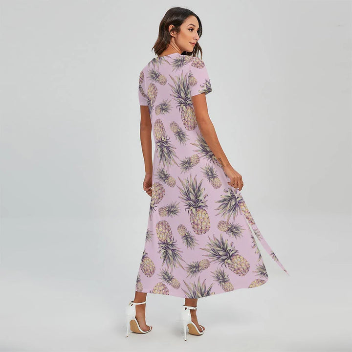 Pink Vintage Pineapple Pattern Print Short Sleeve Maxi Dress