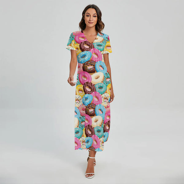 Yummy Donut Pattern Print Short Sleeve Maxi Dress