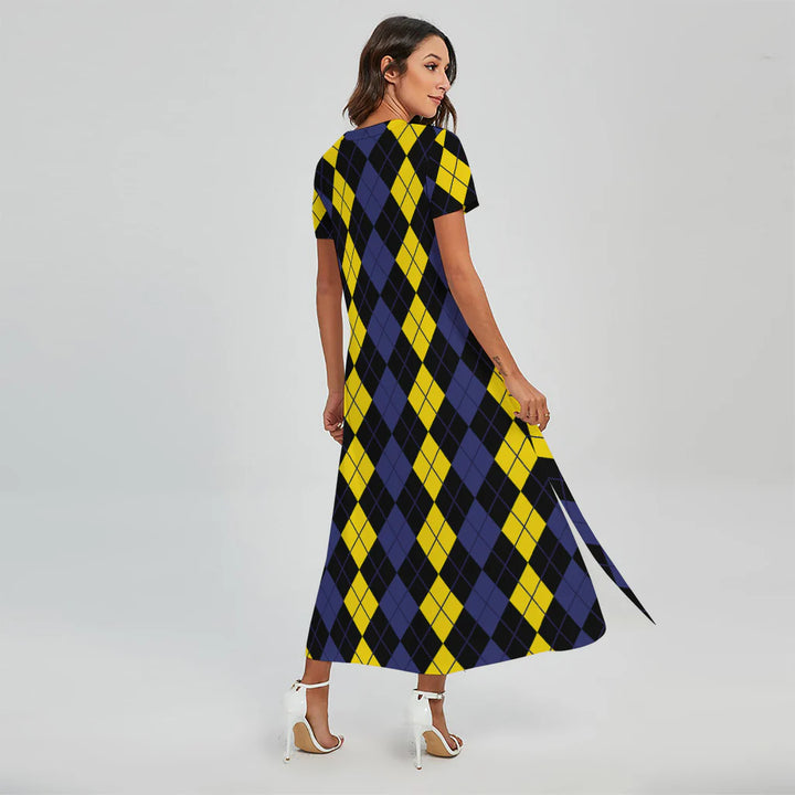 Yellow Black And Blue Argyle Print Short Sleeve Maxi Dress