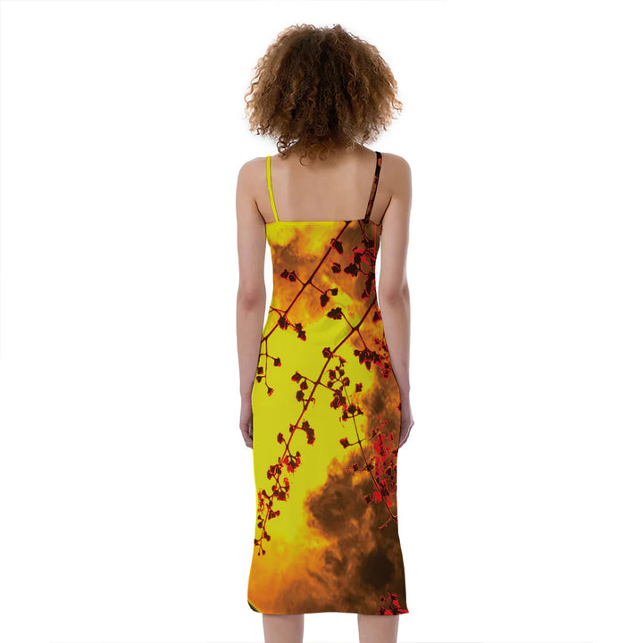 Yellow Full Moon Print Slim Fit Midi Cami Dress