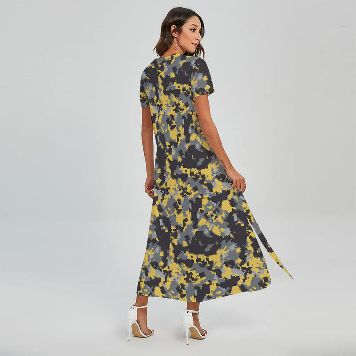 Yellow Black And Grey Digital Camo Print Short Sleeve Maxi Dress