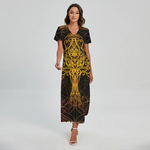 Yggdrasil Tree Of Life Print Short Sleeve Maxi Dress