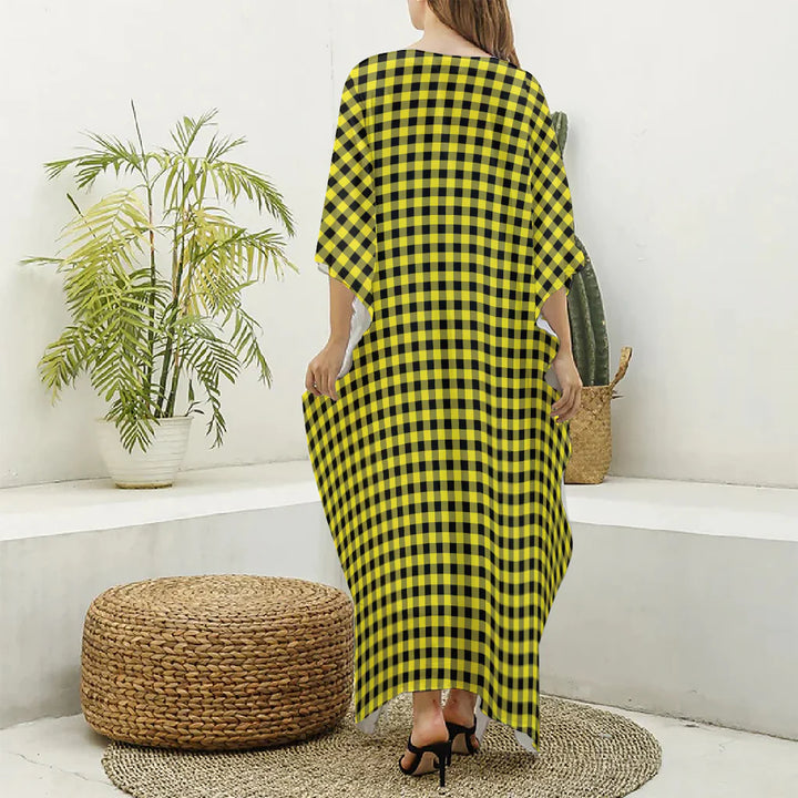 Yellow And Black Check Pattern Print Silk V-Neck Kaftan Dress