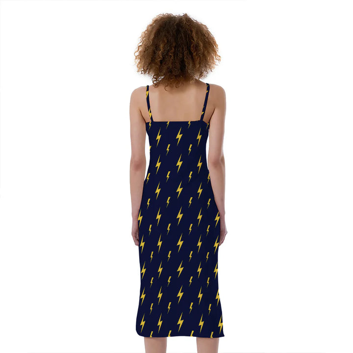 Yellow Lightning Bolts Pattern Print Slim Fit Midi Cami Dress