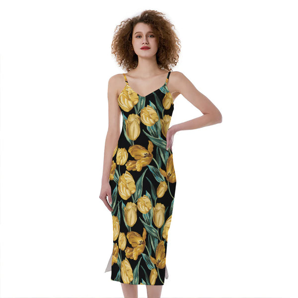 Yellow Tulip Floral Pattern Print Slim Fit Midi Cami Dress