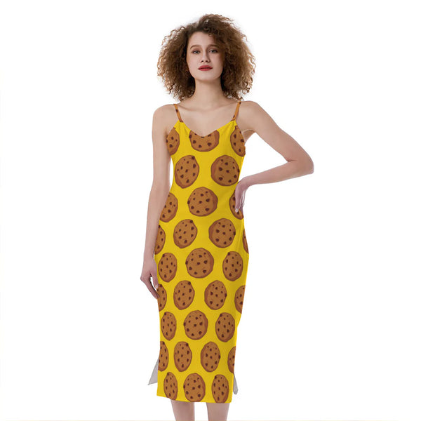 Yellow Cookie Pattern Print Slim Fit Midi Cami Dress