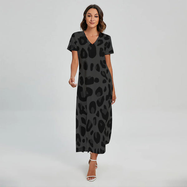 Black Leopard Print Short Sleeve Maxi Dress