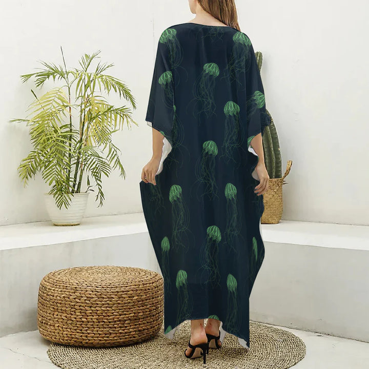 Zentangle Jellyfish Pattern Print Silk V-Neck Kaftan Dress