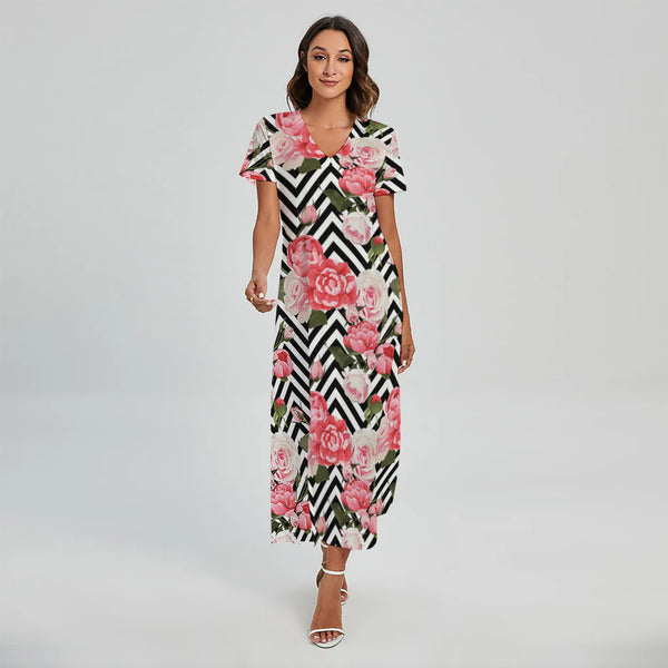 Zigzag Peony And Rose Pattern Print Short Sleeve Maxi Dress