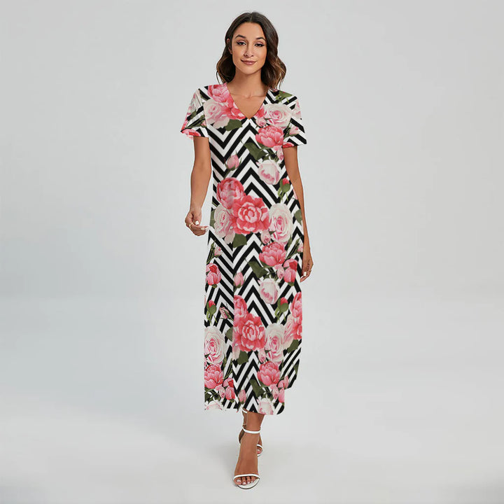 Zigzag Peony And Rose Pattern Print Short Sleeve Maxi Dress