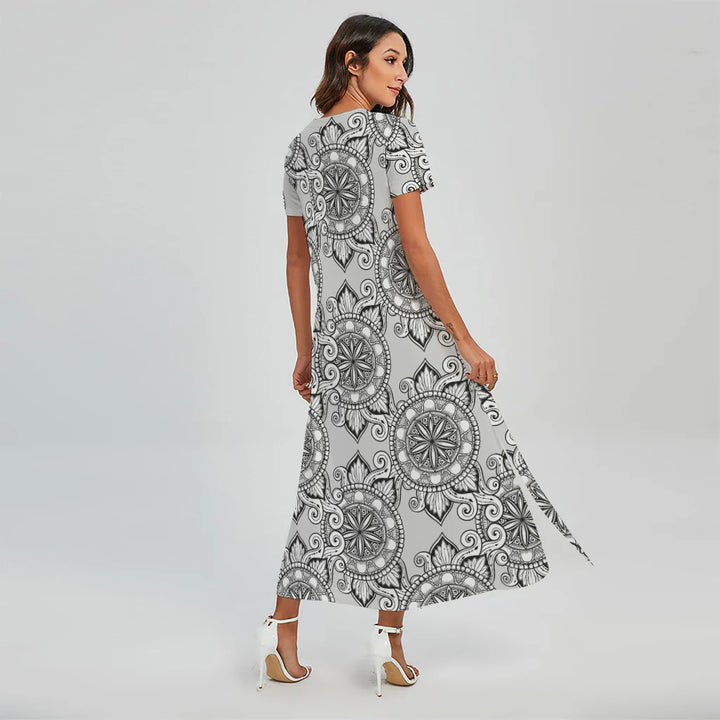 Zentangle Floral Pattern Print Short Sleeve Maxi Dress