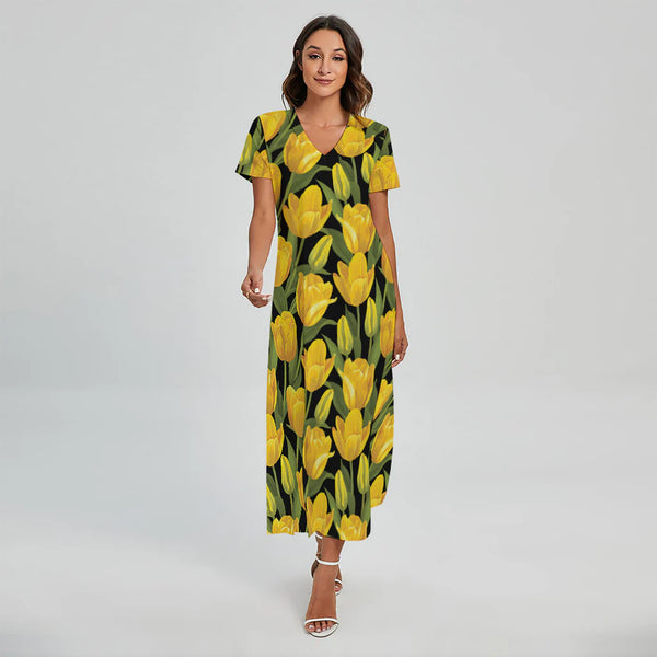 Yellow Tulip Pattern Print Short Sleeve Maxi Dress