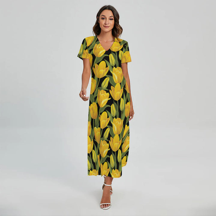 Yellow Tulip Pattern Print Short Sleeve Maxi Dress