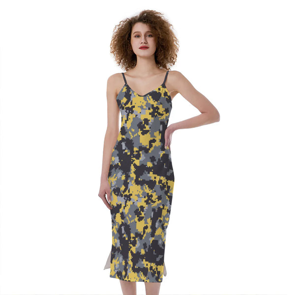 Yellow Black And Grey Digital Camo Print Slim Fit Midi Cami Dress