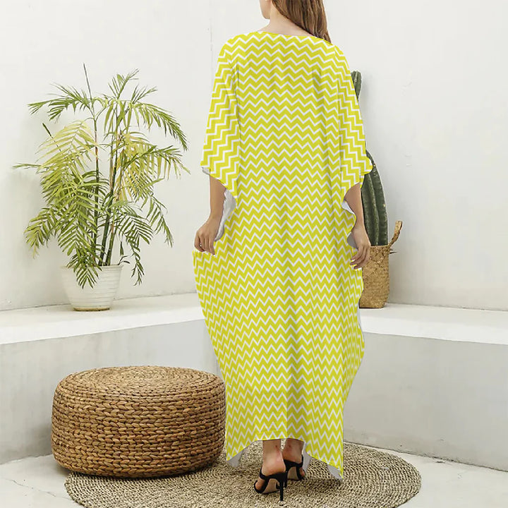 Yellow And White Zigzag Pattern Print Silk V-Neck Kaftan Dress
