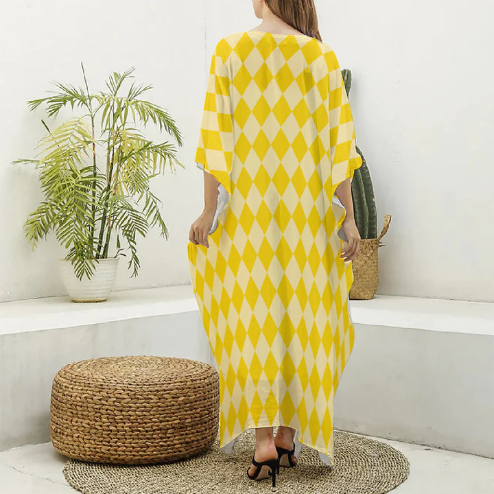 Yellow Harlequin Pattern Print Silk V-Neck Kaftan Dress