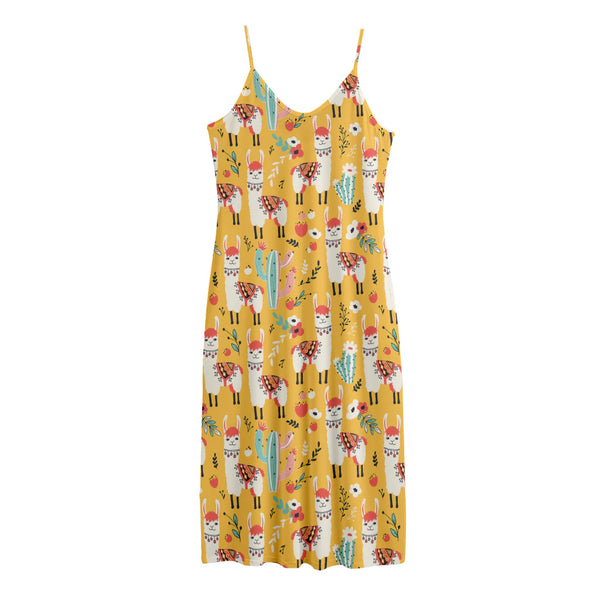 Yellow Llama Pattern Print Jersey Midi Cami Dress