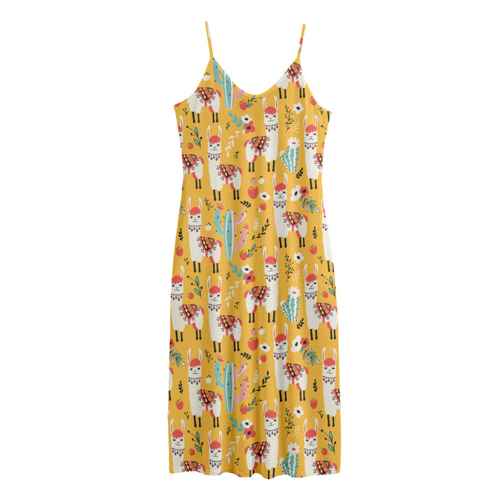 Yellow Llama Pattern Print Jersey Midi Cami Dress