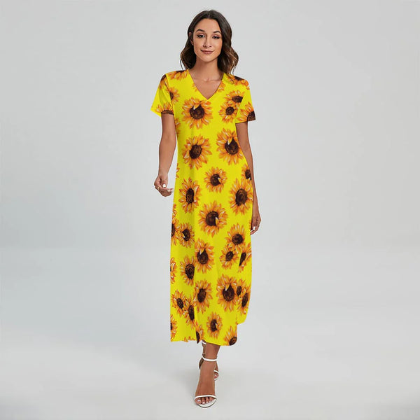Yellow Sunflower Pattern Print Short Sleeve Maxi Dress