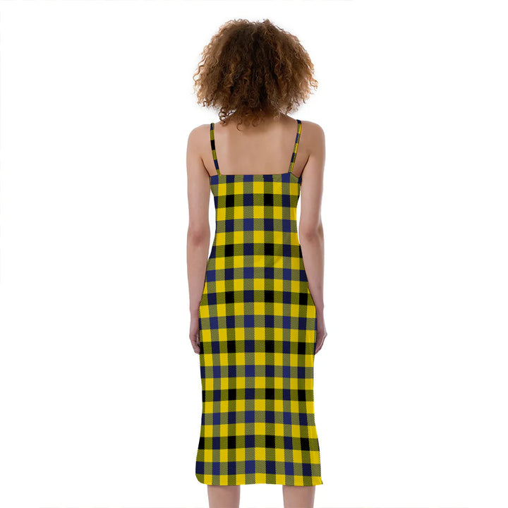 Yellow Black And Navy Plaid Print Slim Fit Midi Cami Dress