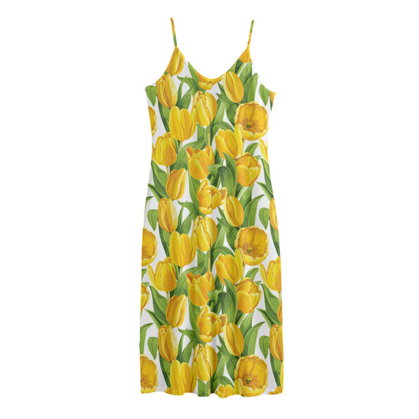 Yellow Spring Tulip Pattern Print Jersey Midi Cami Dress