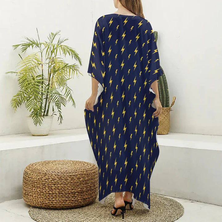 Yellow Lightning Bolts Pattern Print Silk V-Neck Kaftan Dress