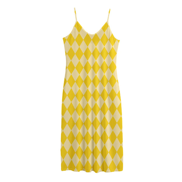 Yellow Harlequin Pattern Print Jersey Midi Cami Dress